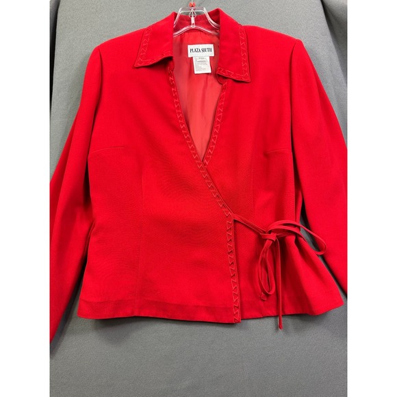 Plaza South Jackets & Blazers - Plaza South Red Wrap Jacket Embroidered Trim Side Tie Blazer Size 8 0225445‎